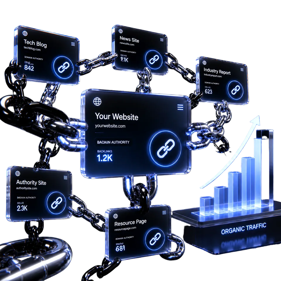 3D illustration of an SEO backlink network representing organic growth and authority